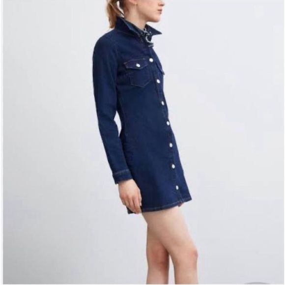 Zara TRF Size Medium Dark Wash Long Sleeve Button Down Denim Mini Dress - Picture 2 of 11